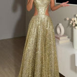 Dazzling Night Sequin Crew Neck Cutout Waist Open Back Flare Maxi Dress
