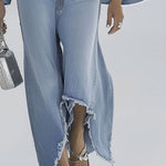 Casual Retro Light Blue Denim Flared Long-Sleeved Wide-Leg Raw Edge Jumpsuit