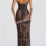 Sian Floral Lace Contrast Structural Detail Back Lace-up Strapless Slit Maxi Dress