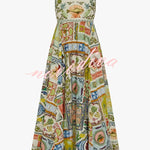 Sea Calling Linen Blend Unique Print Scalloped Detail Back Smocked Pocket Maxi Dress