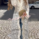Vivianna Floral Lace Ruffles Trim Long Bell Sleeve Lapel Maxi Dress