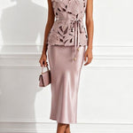 Elegant Cutout Embroidered Flowers Tie-up Sleeveless Top and Satin Slip Dress Two-Piece Set