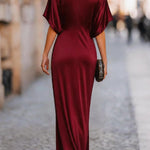 Solid Color Round Neck Short-sleeved Elegant Draped Maxi Dress