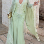 Evita Georgette Lace Trim Kaftan-style Sleeve Ruched Hip Maxi Dress