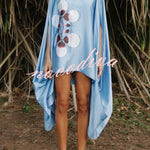 Luisa Satin Floral Print Pleated High-neck Batwing Cutout Sleeve Loose Mini Dress