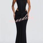Thekla Stretch Slinky Jersey High Neck Ruched Backless Drape Maxi Dress