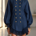 Stand Collar Double Gold Buttons Long Lantern Sleeve Lace Hem Loose Mini Dress