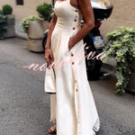 Viki Linen Blend Square Neck Wide Strap Side Button Pocket Tassel Trim Midi Dress