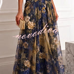Prairie Satin High Neck Metallic Butterfly Detail Floral Tulle Hem Maxi Dress