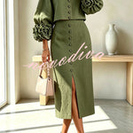 Linen Blend Flowers Buttons Floral Cuffs Sleeve Top and Elastic Waist Pocket Midi Skirt Set