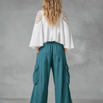 Vintage-style Boho White Shirt And Teal Utility Trousers Cotton-linen Set