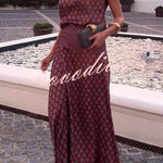 Dalena Satin Art Print High Tie-up Neck Short Sleeve Top and High Rise Maxi Skirt Set