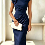 Elegant Solid Color Floral Embellished Pleated Waist Short Sleeve Midi Dress