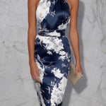 Grinnell Satin Contrast Floral Print Ruched High Neck Sleeveless Midi Dress