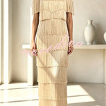 Elowyn Mesh Tiered Tassel Patchwork Round Neck Cape Sleeve Midi Dress