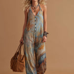 Vacation Retro Bohemian Print Chiffon Sleeveless Wide-Leg Jumpsuit