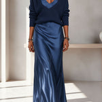 Velma Ribbed Knit V-neck Long Sleeve Relaxed Sweater and Satin Slip Midi Dress