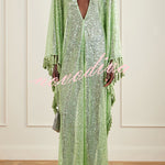 Gianna Sequin Deep V-neck Batwing Sleeve Fringed Trim Slit Gown Maxi Dress