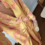 Floral Print Satin Knotted Button Long Sleeve Shirt and Elastic Waist Pocket Wide Leg Pants Set