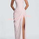 Cyra Back Lace-up Asymmetrical Pleats Strapless Slit Maxi Dress