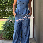 Jolene linen blend Polka Dot Print Flare Hem Slip Top and Pocket Wide Leg Pants Set