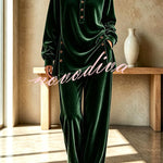 Velvet Button Detail Shirt Neck Top and Elastic Waist Pocket Wide Leg Pants Set