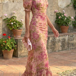 Unique Print Stand Collar Puff Sleeve Slim Fit Ruffle Maxi Dress