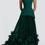 Serafina Strapless Back Lace-up Handcrafted Floral Appliqués Pleated Hem Gown Maxi Dress