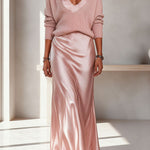 Velma Ribbed Knit V-neck Long Sleeve Relaxed Sweater and Satin Slip Midi Dress