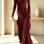 Elegant High Neck Long Sleeve Pleated Draped Fitted Maxi Dress