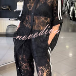 Mix Fashion Lace Striped Trim Short Sleeve Button Shirt and Elastic Waist Pocket Loose Pants Set