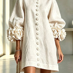 Rima Linen Blend Flowers Button Down Floral Cuffs Half Sleeve Mini Dress