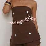 Polka Dot Print Sleeveless Off-shoulder Top and Elastic Waist Casual Pocket Shorts Set