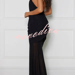 Touch of Drama Mesh Butterfly Metal Clips One Shoulder Backless Maxi Dress
