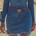 Fashion Casual Button Denim Blue Long Sleeve Raw Edge Mini Dress