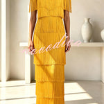 Elowyn Mesh Tiered Tassel Patchwork Round Neck Cape Sleeve Midi Dress
