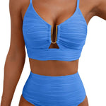 Solid Color V-neck Hollowed-out Pleated High Waist Stretch Two-Piece Bikini Swimsuit