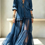 Retro-style Faux Denim Long Sleeve Pocket Tulle Hem Shirt Maxi Dress