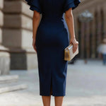 Solid Color Round Neck Ruffle Sleeve Elegant Slim-fit Midi Dress