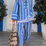 Althea Striped Print Lace-up Neck Long Sleeve Top and Elastic Waist Pocket Lantern Pants Set