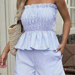 Striped Printed Sleeveless Off-shoulder Ruched Top and Elastic Waist Casual Pocket Shorts Set