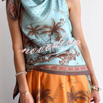 Alberta Satin Unique Color-blocked Print Tie Detail Layered Scarf Midi Dress