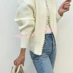 Elegant Chic Knit Pearls Trim Long Sleeve Relaxed Cardigan