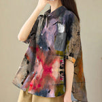 Plus Size Navy Peter Pan Collar Print Cotton Shirt Tops Summer