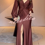 Raise A Toast Satin Long Balloon Sleeve Twist Waist Slit Maxi Dress