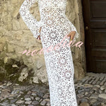 Easy Resort Knit Crochet Cutout Long Sleeve Reversible Vacation Maxi Dress