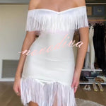 Solid Color V-neck Off-shoulder Slim-fit Tassel Mini Dress