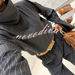High Level Striped High Neck Long Slit Sleeve Top and Elastic Waist Pocket Loose Pants Set