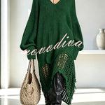 Knit V-neck Long Sleeve Asymmetrical Cut-out Detail Hem Loose Sweater Midi Dress
