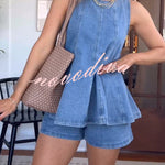 Adventure Awaits Denim Vertical Seam Sleeveless Flare Hem Top and Elastic Waist Pocket Shorts Set